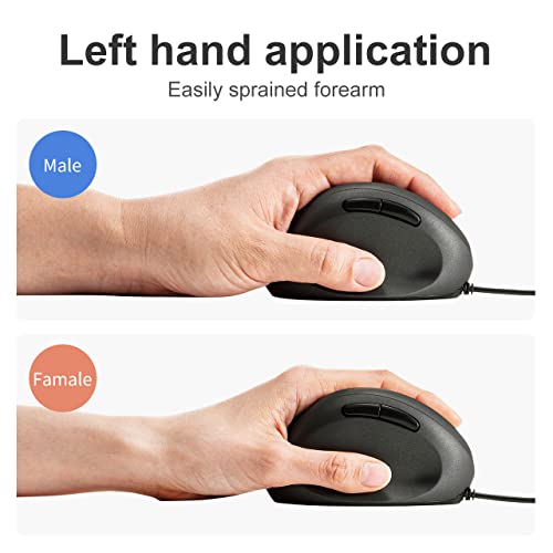 Sanwa Wired Left Handed Ergonomic Mouse, Optical Vertical Mice, For Small Hands, Reduce Wrist Strain,1000/1600/2400/3200 Adjustable Dpi, 6 Buttons, Compatible With Laptop, Desktop, Windows, Mac,Black #TOP5