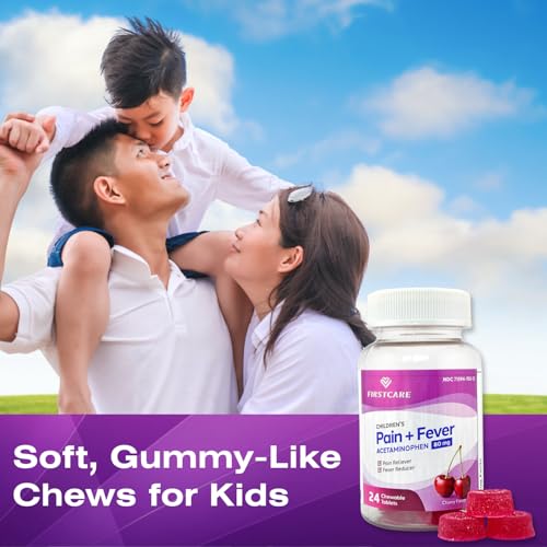 Image of FirstCare Children's Pain Reliever & Fever Reducer, Gummy-Like Soft Chewable Tablets, Easy-to-Take Acetaminophen 80 mg for Kids Ages 2-11, Cherry Flavor, 24 Count