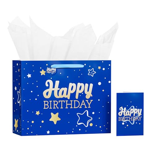 Image of 13 inch Blue Happy Birthday Gift Bag with Tissue Paper and Greeting Card | Happy Birthday Gift Bag for Men Women,Gift Bags Medium size(1 PCS Blue Hot Stamping)