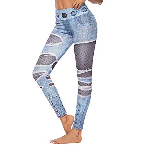 MEIbax Leggings Deportes Pantalones para Mujeres de Rotos Vaqueros y Negro Medias Redes de Pesca Estampado Athletic Gimnasio Fitness Gym Yoga de Cintura Alta Skinny Casual Mallas elásticas