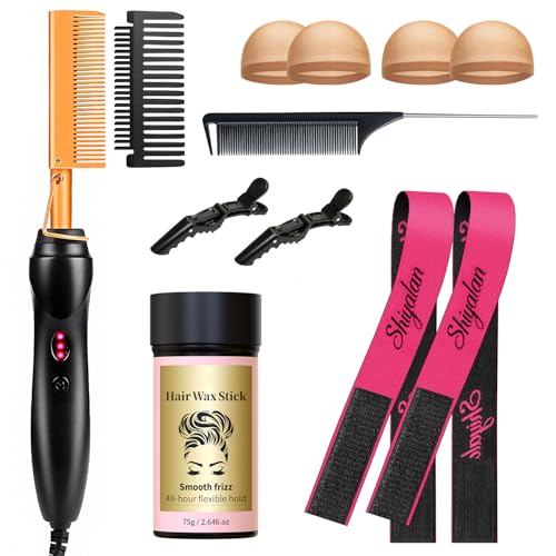 PasaRose Hot Comb Set 11Pcs Electric Hair Straightener Pressing Comb for Black Hair with Wig Wax Stick Lace Band Rat Tail Comb & Salon Clips