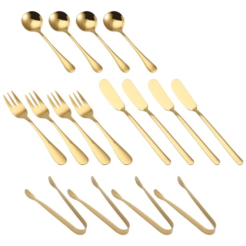 Xiniy Juego de Cuchillos para Untar Mantequilla de Queso, 16 Piezas, Accesorios de CharcuteríA, Cuchillos de Mantequilla de Acero Inoxidable, Pinzas para Servir (Dorado)