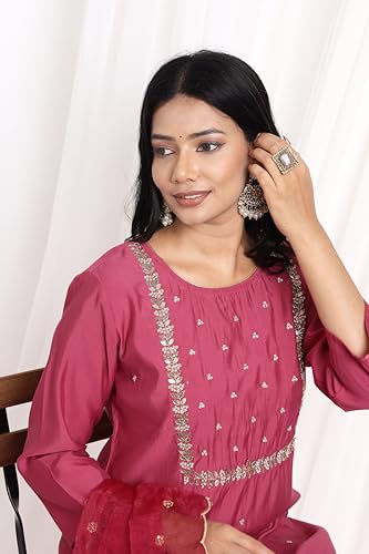 Image of Kaari Women's Hand Embroidered Kurta Set with Dupatta - Straight Fit | Silk Blend Fabric with Dabka Work | Sequin Work Organza Dupatta | Straight Pant with Side Pocket | Kurta Set For Women