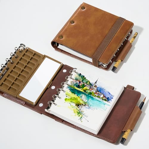 LIGHTWISH Juego de cuaderno de acuarela portátil, 11 x 13 cm, libro de acuarelas de viaje con papel 100% algodón, paleta de cerámica y pincel para pintura al aire libre, bocetos urbanos (20 hojas