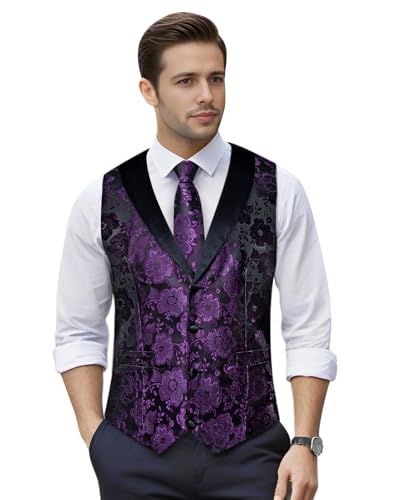 Image of DiBanGu Mens Paisley Suit Vest Silk Jacquard Waistcoat and Necktie Set Formal Shawl Collar Dress Vest 7PCS for Wedding Party