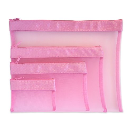 Multi Purpose 4 Piece Mesh Bag Set for Travel, Office Supplies, Cosmetic, Paper, Bill and Credit Card Bag (Pink)