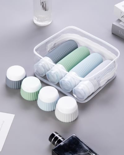 Image of Mrsdry Travel Bottles for Toiletries 8 Pack, Tsa Approved Travel Size Toiletries 3 oz, Travel Containers for Toiletries, with Clear Bag, Leak Proof Silicone Squeezable Travel Essentials Creams Jars