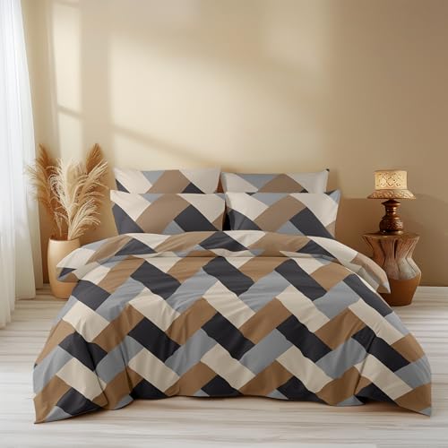 Image of LOOMLYFE 300 TC All Season King Size AC Comforter || Blanket || Duvet for Double Bed with 1 Flat Bedsheet and 2 Large Pillow Covers - 4 Piece Comforter Set - BrownGreyCross
