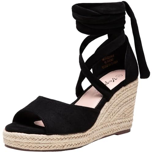 Vepose Women's Espadrille Wedge Sandals, Rome 882 Open Toe Lace Up Platform Wedges, Comfortable Ankle Wrap Heels for Summer, Wedding, Beach, Casual