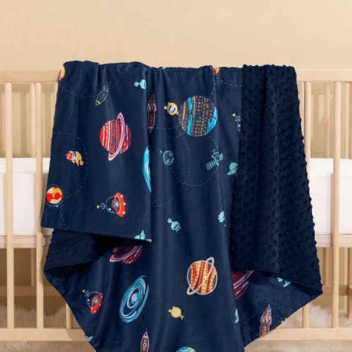 Image of PHF Minky Baby Blanket for Boys with Double Layer and Soothing Raised Dotted Backing, Soft and Lightweight Reversible Receiving Blanket for Newborns, Infants, Babies, 30x40 Inches, Space
