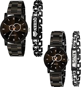 Zabby Allen New Latest Stylish King Queen Watch and Bracelet Combo for Couple Stainless Steel Silver Metal Chain Strap Black Round Dial Watch for Boys and Girls Analog Watch for Men & Women
