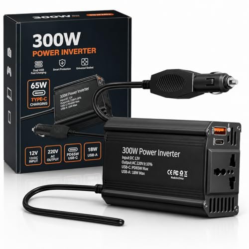 Image of Primate 300W Car Power Inverter with Universal AC Socket, 65W Type-C PD & 18W QC 3.0 USB-A Ports, 12V Car Plug, Aluminum Alloy Body, car Fast Charger for Laptop,Tablet,Smartphone and Travel for Travel