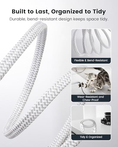 Image of SURAIELEC - 6 ft Flat Braided Extension Cord with 3 Power outlets - 360 Swivel - Braided Flat wall Socket - 16 AWG - White - for Indoor use