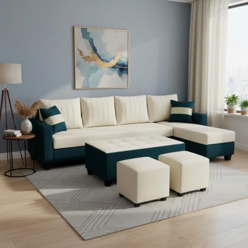 Image of FURNY Avenue 8 Seater Fabric RHS L Shape Sofa Set with 1 Centre Table & 2 Puffy (Cream-Greenish Teal) Premium Velvet Finish