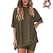 Frunqui Two-Piece Set: Round-Neck Short-Sleeve Drop-Shoulder Casual Oversized Shirt (Summer Solid Casual Outfit with Pockets)