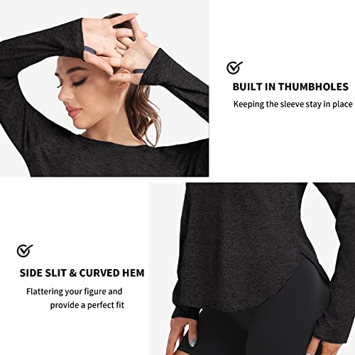 Yoetaun Womens Lightweight Exercise Shirts Long Sleeve Round Neck Loose Gym Workout Top Soft Sporty Tshirt Black S #TOP3