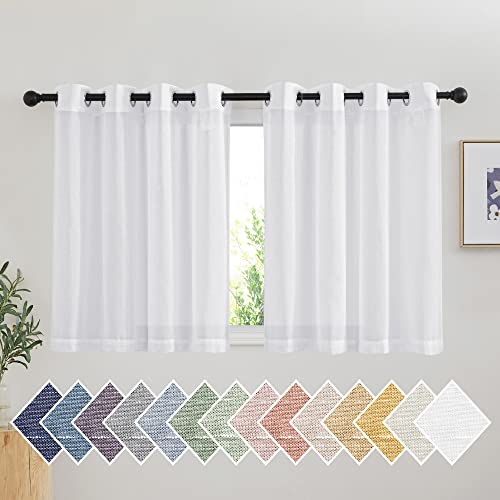 NICETOWN White Short Curtains for Small Window, Grommet Semi Sheer Linen Blend Causal & Rustic Kitchen Curtains & Drapes for Cafe/Nursery, W52 x L36, 2 Panels