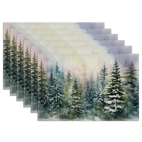 Watercolor Misty Forest Placemats Set of 6, Washable Linen Place Mat Heat Resistant Non Slip Kitchen Dining Table Mats 12x18 Inch