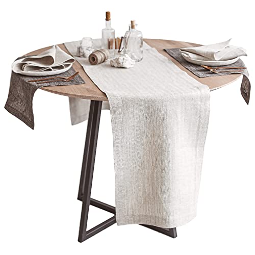 Natural 100% Linen Table Runner - Handcrafted Boho Table Runners 95 Inches Long - White-Natural Herringbone Pattern #TOP12