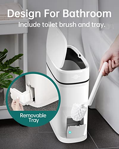 Woa Woa Bathroom Trash Can With Lid, Slim Plastic Wastebasket With Toilet Brush Container, 3.7 Gallons Dogproof Garbage Bin With Press Locking Lid For Home, Rv Bathroom, Living Room, White #TOP3