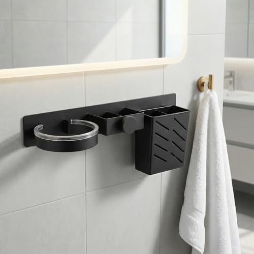Nivofu 3in1 Fönhalter Ohne Bohren, Glätteisen Halterung Aufbewahrung, Badezimmer Regal, Barbershop Hotel Zubehör, Selbstklebend, Schwarz