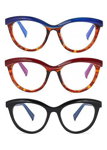 ICARA 3 Pack Ladies Reading Glasses Blue Light Blocking Eyeglasses Cute Stylish Reader (blue+red+black, 1.75, multiplier_x)