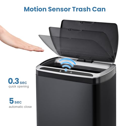 ELPHECO 50 Liter / 13.2 Gallon Rectangular Kitchen Trash Can, Brushed Stainless Steel Finish Motion Sensor Trash Can, Automatic Trash can for Kitchen, Living Room, Office, 3 AA Batteries, Black - Thumbnail 2
