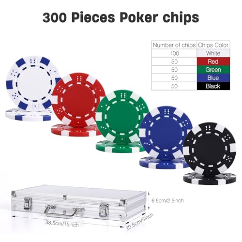 Image of 300 Pcs Poker Chips Set for Texas Holdem, 11.5g Clay Chips with Aluminum Carrying Case, Playing Cards & Game Buttons