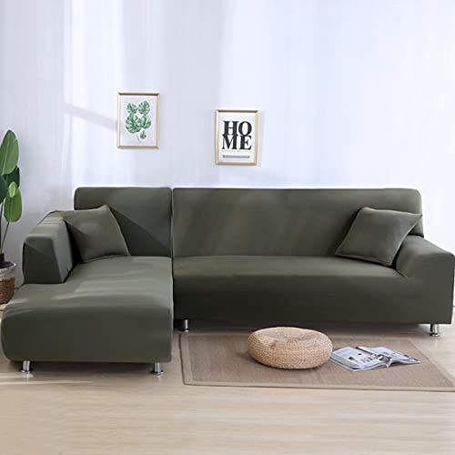 Juego de fundas para sofá modular en forma de L, fundas de tela de poliéster suave para sofá de 3 y 4 plazas, elegante kit de funda gris y verde