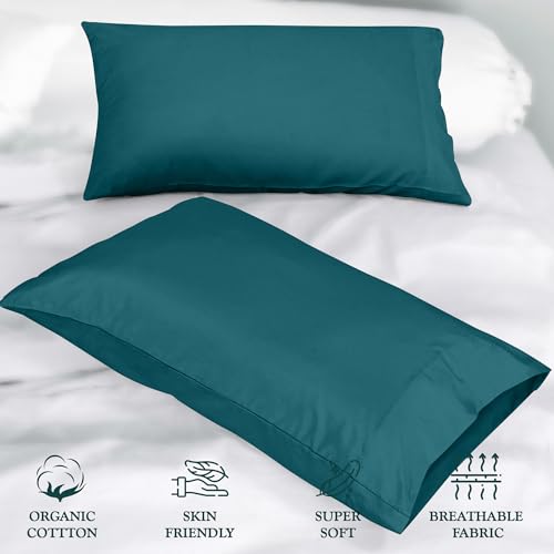 Image of ROYALE LINENS 300 Thread Count 100% Long Staple Combed Cotton Pillowcases Set of 2 - Ultra Soft - Standard Bed Pillow Cover - 20 inchx26 inch - Breathable, Cool & Crisp Percale Teal Pillow Cases (Std, Teal)