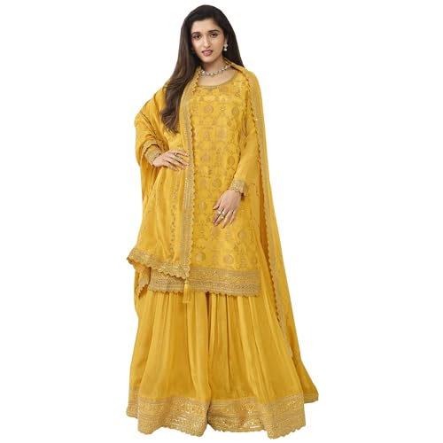 Costume de mariage pakistanais Shalwar Kameez Palazzo tenue indienne de fête jaune 42