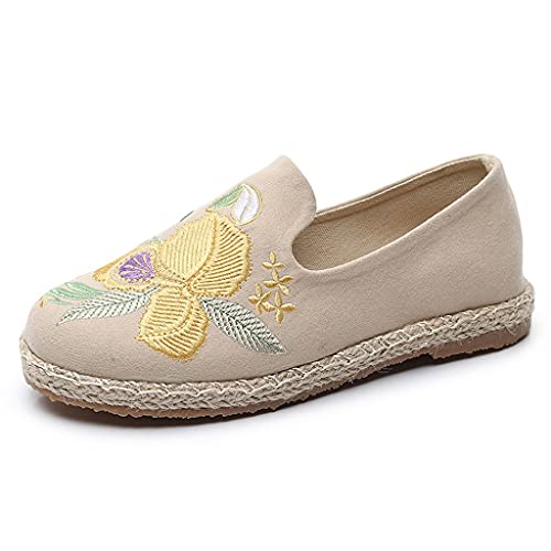Women's Embroidered National Wind Cloth Shoes Hand-Made Strew Hemp Sole Flats Flowers Casual Shoes (Color : Gray Size : Code 36) (Grey Code 37)