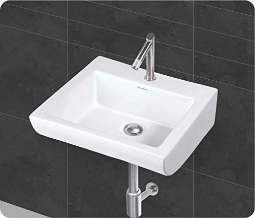 Image of Wash Basin Wall Hung Mounted Glossy Finish White Sink for Bathroom - (16 x 15 x 6 Inch)