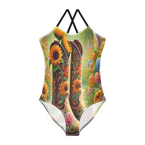 Flower Cowboy Boots Girls Swimsuit Bathing Suit One Piece Swimsuits Summer Beach Swimwear