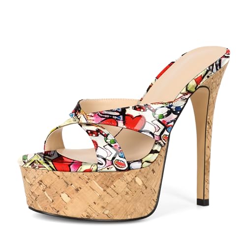 Image of Esvowido Heeled Mules for Women Cork Platform Stiletto Heels Slip on Open Toe High Heeled Sandals Crisscross Slippers Pumps Shoes