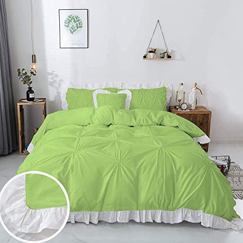 Image of 300 TC Pinch Ruffle 2 Tone Duvet /Razai /Blanket Cover with 2 Pillow Cover- 100% Cotton (Zipper Closure) Razai Cover 3 PC Set, Soft & Lightweight-King Size White /Sage