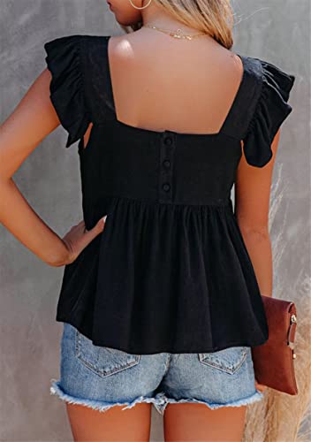 WIWIQS Women's Ruffle Sleeve Crew Neck Vest Tops Summer Elastic Square Neck Blouses4
