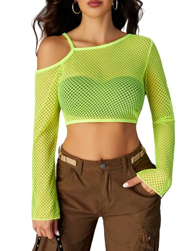 Avidlove Mesh Crop Tops for Women Long Sleeve Fishnet Shirt See Through Tops Rave Outfits Party Clubwear