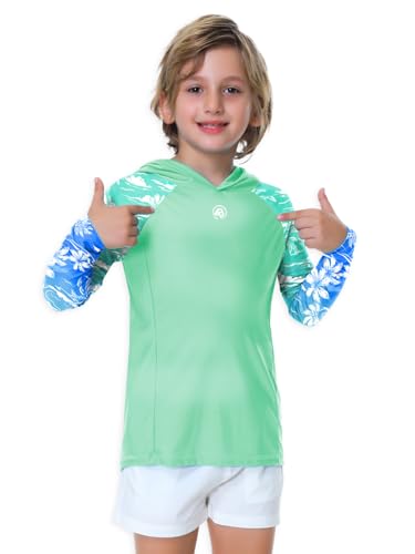 Image of AOBUTE Unisex Kids Long Sleeve Hoodie Rash Guard Boys UPF 50+ Swim Top with Thumb Hole 3-12 Years