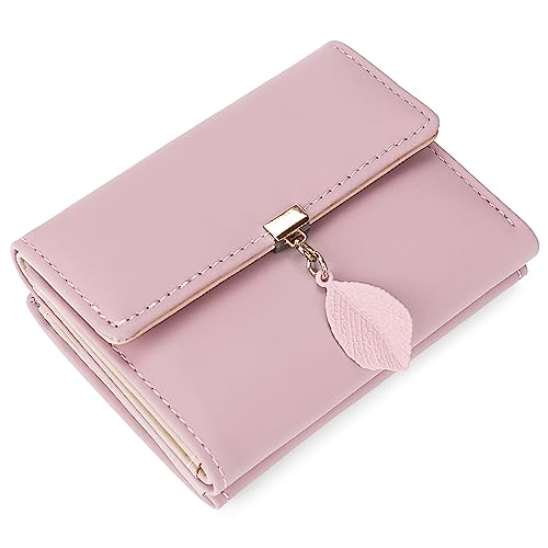 Uromee Girls Wallet Women RFID Vegan Leather Small Purse Trifold Card Holder Coin Pocket Cute leaf Pendant