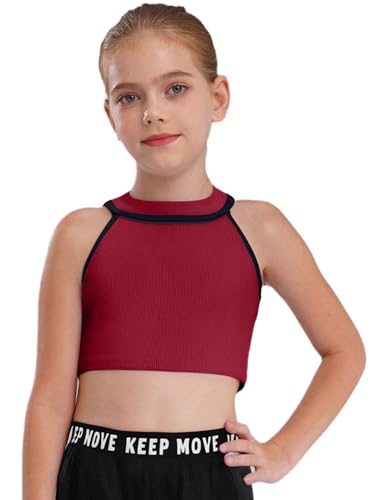 Kids Girls Sleeveless Gym Crop Top Halter Neck Contrast Color Ribbed Vest Cheerleading Workout Bra