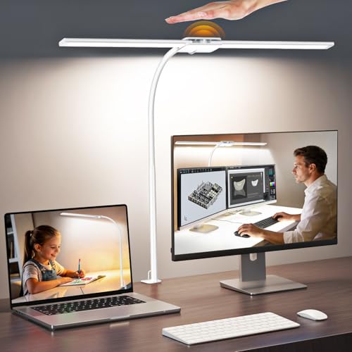 Image of Syrinx LED Desk Lamp, Dual Head Desk Light with Clamp, 50 Lighting Modes Eye-Caring Table Lamp, Flexible Gooseneck Task Light with Motion Sensor, Wired Control, Timer & Memory Function for Home Office