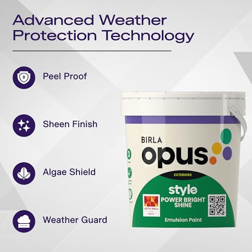 Image of Birla Opus Style Power Bright Shine Exterior Emulsion Paint (4L, White Colour, Sheen Finish)-Superior Peel Resistance, Superior Algal Protection, Low VOC-For Exterior Walls, Home, Office