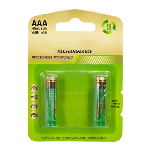 Batería Recargable HR03 (AAA) 900mAh 1.2V, Pack de 2 Unidades, Ideal para Dispositivos electrónicos y Juguetes.