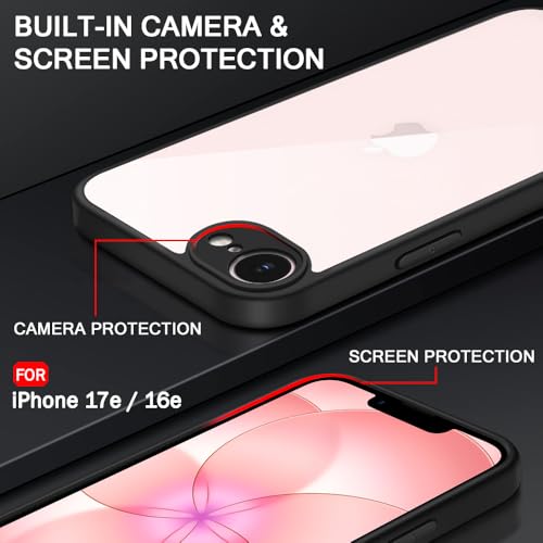 Image of TheGiftKart for iPhone 16e / iPhone 17e Case, Hard Clear Back Cover, Non-Yellowing Back, Raised Bumps for Camera & Screen Protection, Hybrid Protective Transparent Cover Case (PC & TPU, Black Sides)