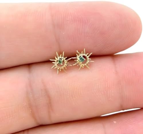Sun Stud Earrings, 3 MM Stone Moss Agate Stud Earrings, Push Back Stud Earrings, Dainty Round Stud, Sterling Silver Stud, Anniversary engagement Gift for Mother