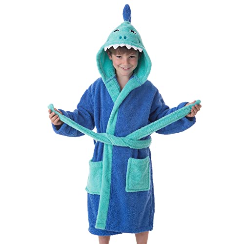 Dhestia Home - Albornoz Infantil Niño Algodón Natural 100% Capucha y Bolsillos Shark-Boy - Color AZUL MARINO, Talla Talla 2/4 Años