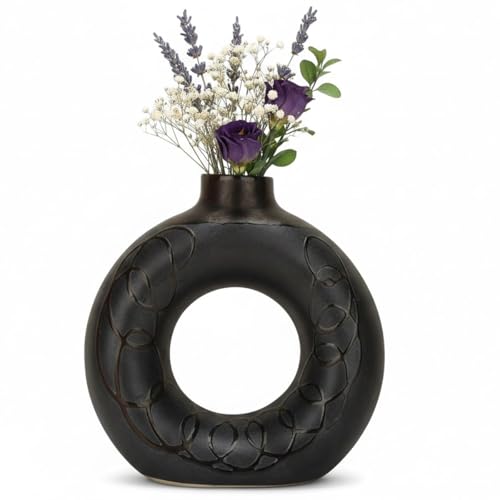 Image of BENAVJI Black Ceramic Donut 6 Inch Modern Flower Vase for Pampas Grass, Dried Flowers, Home & Office Decor, Centerpiece, Handcrafted Gift Vase Only