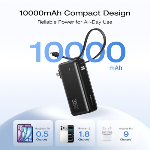 EF ECOFLOW Rapid 3-in-1 Portable Charger, 10,000mAh Power Bank with Built-in USB-C Cable and Foldable Wall Plug, 30W Max Battery Pack, Travel Essentials for iPhone 17/16/15 Series, Galaxy, MacBook - image 5