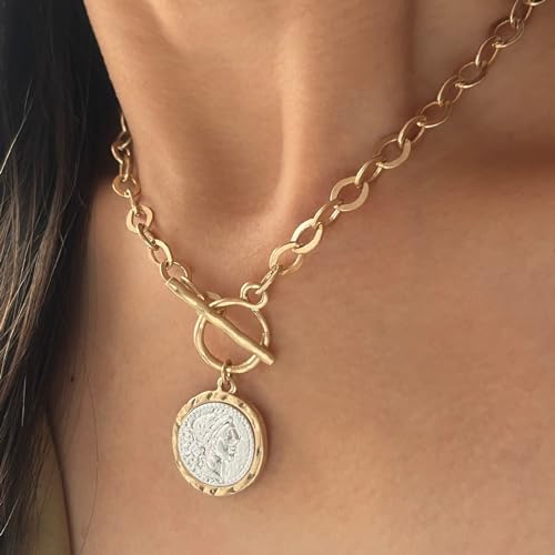 Antique Gold Plated Roman Coin Necklace for Women 18 Inch Chain Pendant Necklace Birthday Anniversary Jewelry Gift for Women2